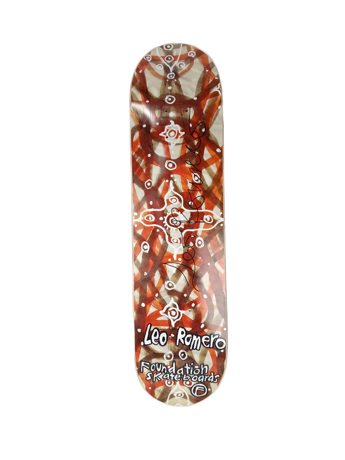 Foundation Leo Romero Autographed Squiggly Lines Graphic Red Orange White Size 7.625" Vintage NOS Deck