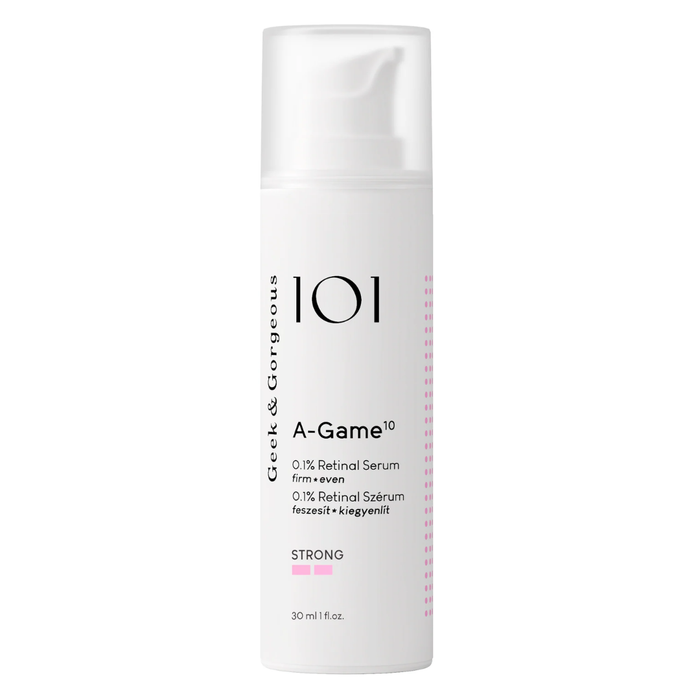 A 30 ml white pump bottle of 101 Greek & Gorgeous A-Game Retinal Serum, featuring black text and a small pink accent on a clean white background.