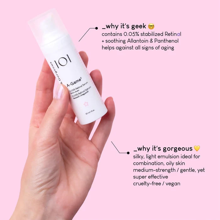 Hand holding a skincare product with text on a pink background - Geek & Gorgeous 101 - A-Game 5