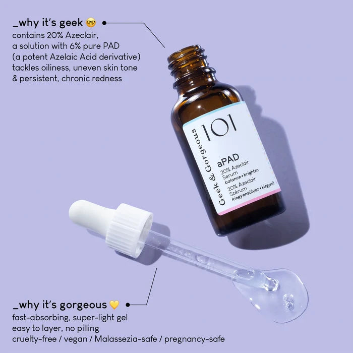 Brown glass bottle with dropper labeled '101' on a purple background - Geek & Gorgeous 101
aPAD