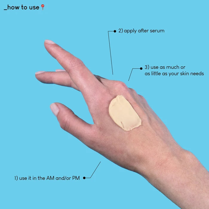 Hand applying cream Geek & Gorgeous 101
Happier Barrier with usage instructions on a blue background