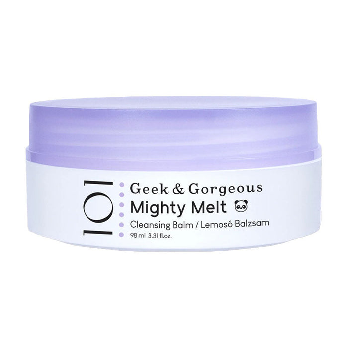 Cleansing balm jar with 'Geek & Gorgeous' branding on a white background
