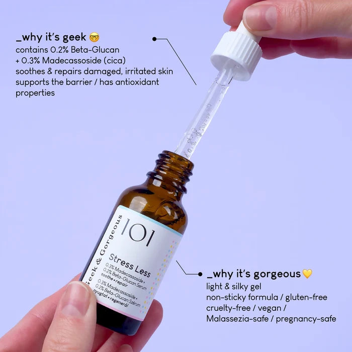 Bottle of skincare serum Geek & Gorgeous 101
Stress Less  with dropper labeled on a light purple background