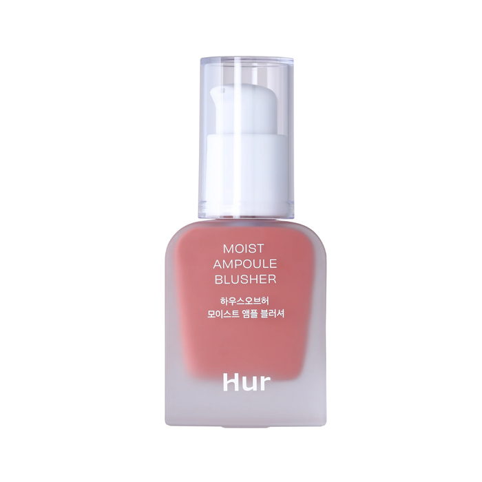 A bottle of Hur Moist Ampoule Blusher in a dusty rose pink shade, featuring a frosted glass bottle, white pump dispenser, and clear cap, set against a solid white background.