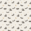 A repeating Halloween-themed pattern featuring black bats, witch hats, crescent moons, and small gold stars on a warm cream background.