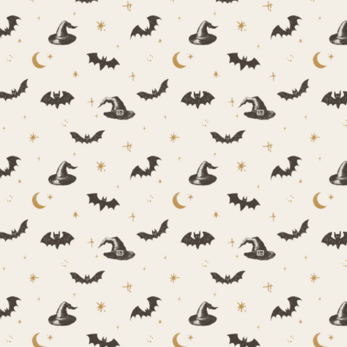 A repeating Halloween-themed pattern featuring black bats, witch hats, crescent moons, and small gold stars on a warm cream background.