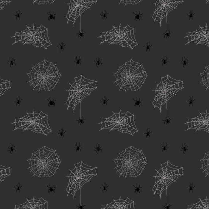 A repeating Halloween-themed pattern featuring white spiderwebs and small black spiders on a dark charcoal gray background.